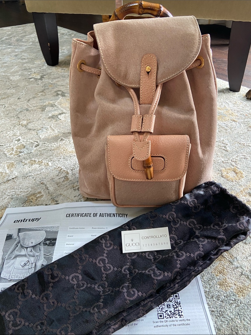 Gucci Vintage Beige Suede Backpack with Bamboo Details